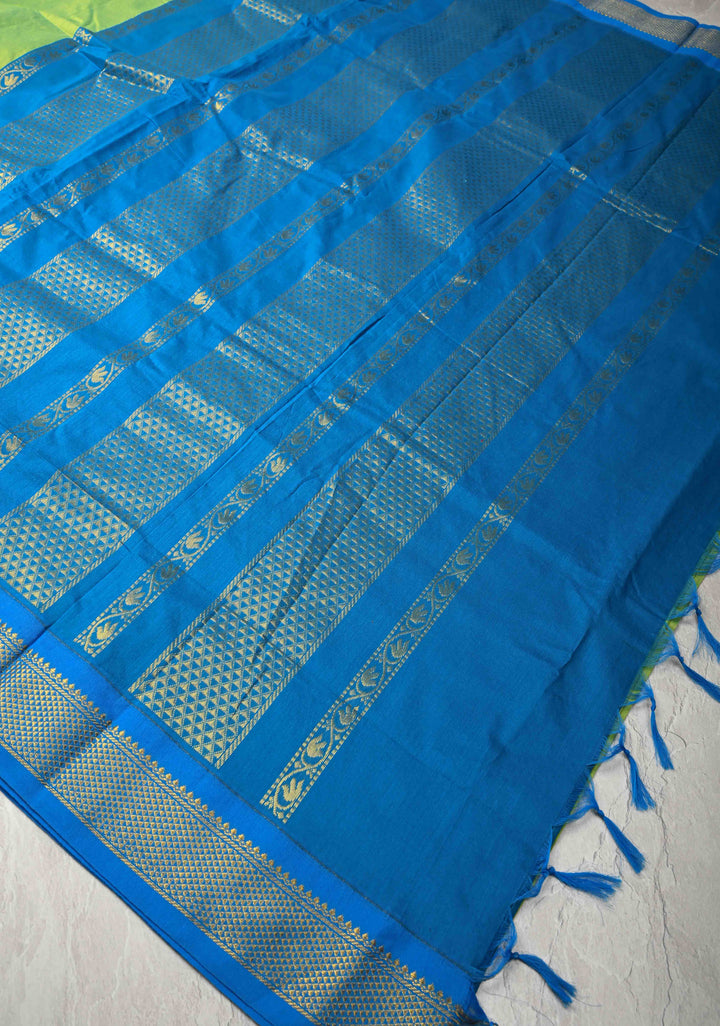 Electric Green Venkatagiri Cotton Silk Saree with Zari Border | SHOBITAM