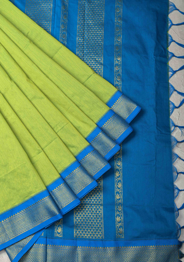 Electric Green Venkatagiri Cotton Silk Saree with Zari Border | SHOBITAM