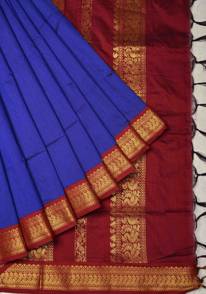 Ink Blue Venkatagiri Cotton Silk Saree with Contrast Zari Border