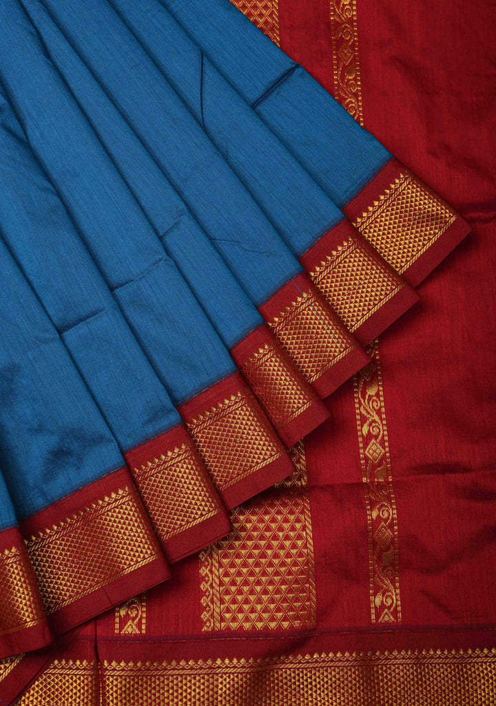 Peacock Blue Venkatagiri Cotton Silk Saree with Contrast Zari Border