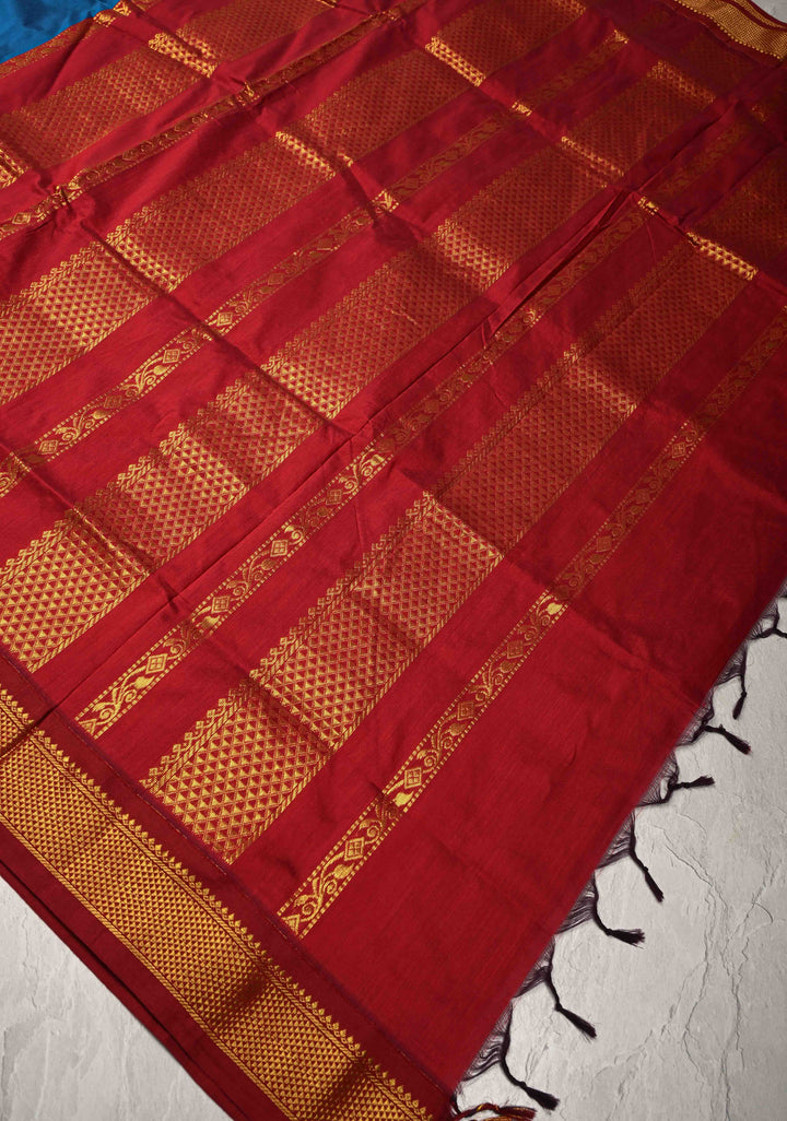 Peacock Blue Venkatagiri Cotton Silk Saree with Contrast Zari Border