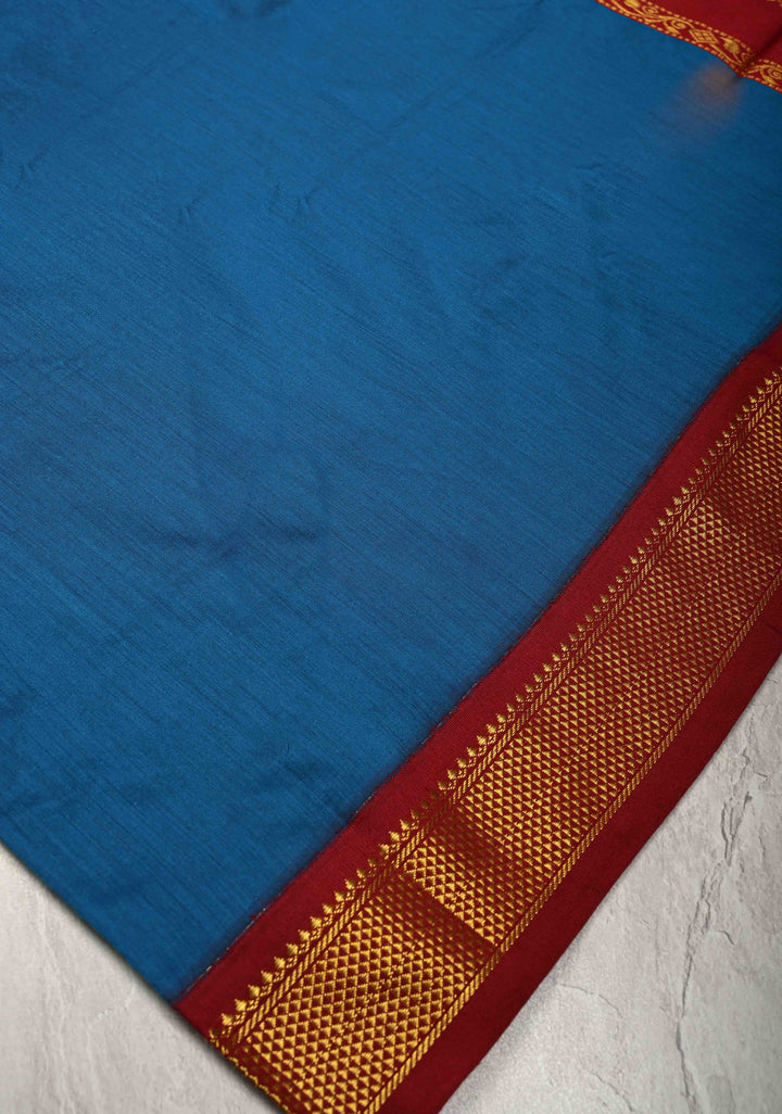 Peacock Blue Venkatagiri Cotton Silk Saree with Contrast Zari Border