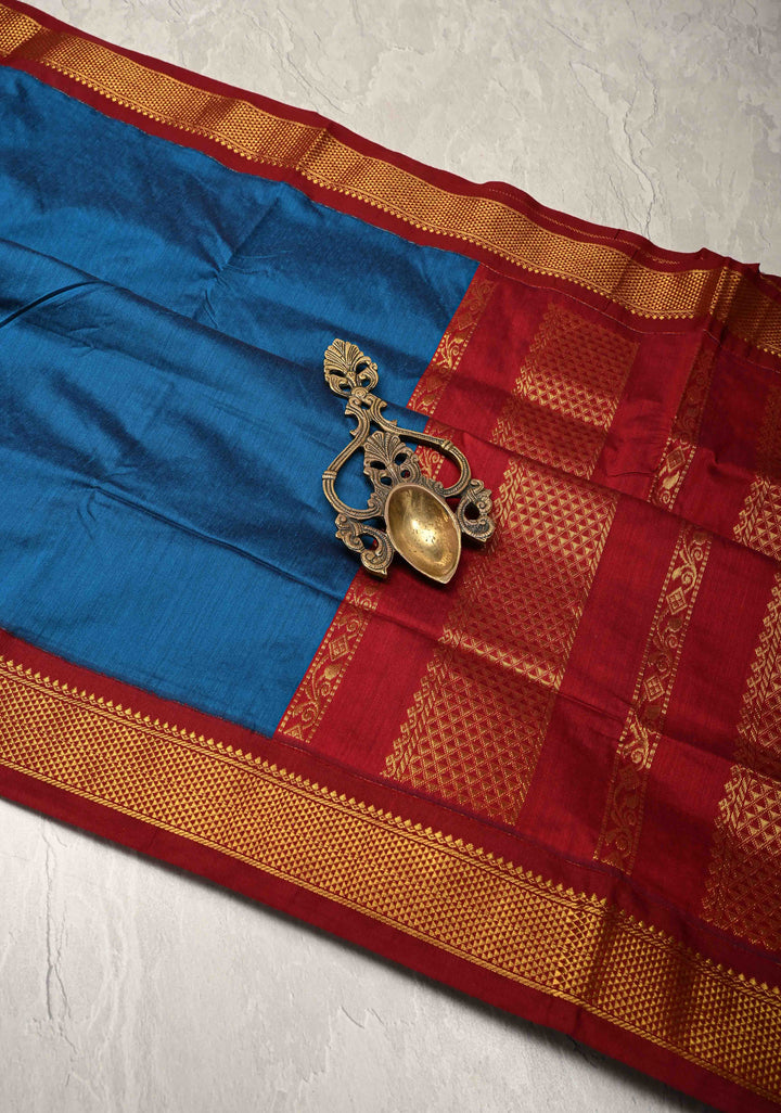 Peacock Blue Venkatagiri Cotton Silk Saree with Contrast Zari Border
