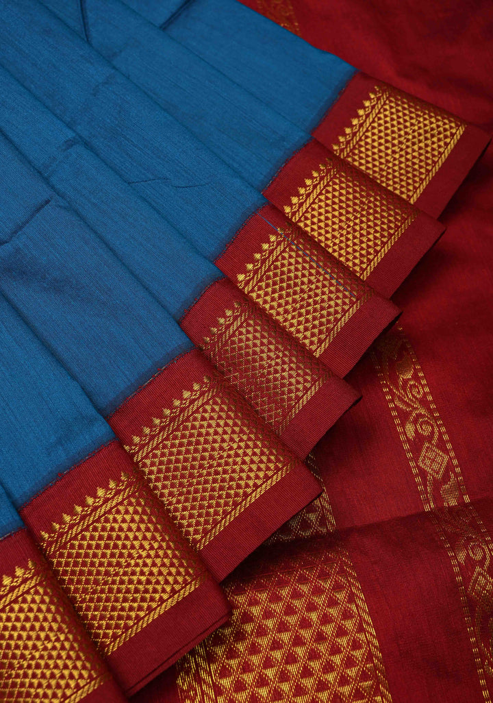 Peacock Blue Venkatagiri Cotton Silk Saree with Contrast Zari Border