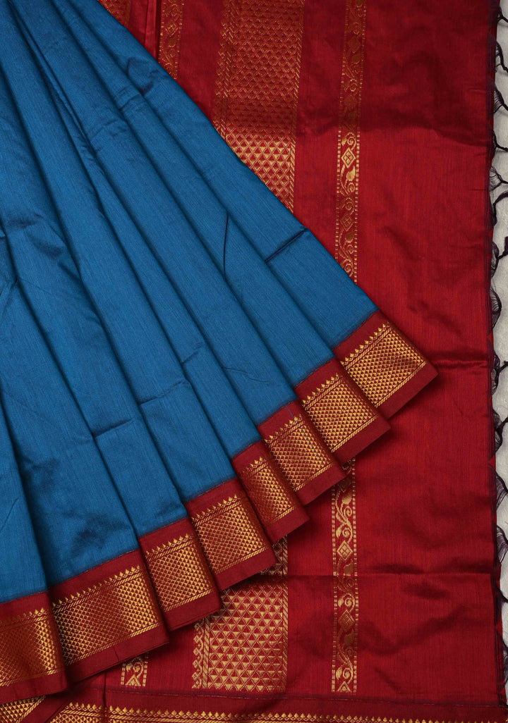 Peacock Blue Venkatagiri Cotton Silk Saree with Contrast Zari Border