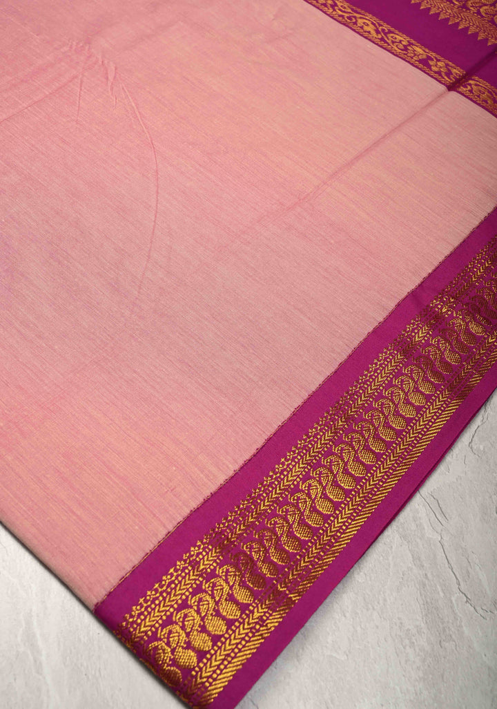 Onion Pink Venkatagiri Cotton Silk Saree with Contrast Zari Border