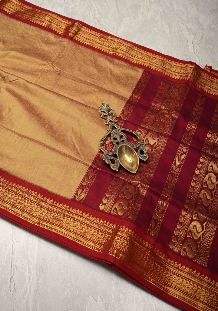 Camel Brown Venkatagiri Cotton Silk Saree with Contrast Zari Border