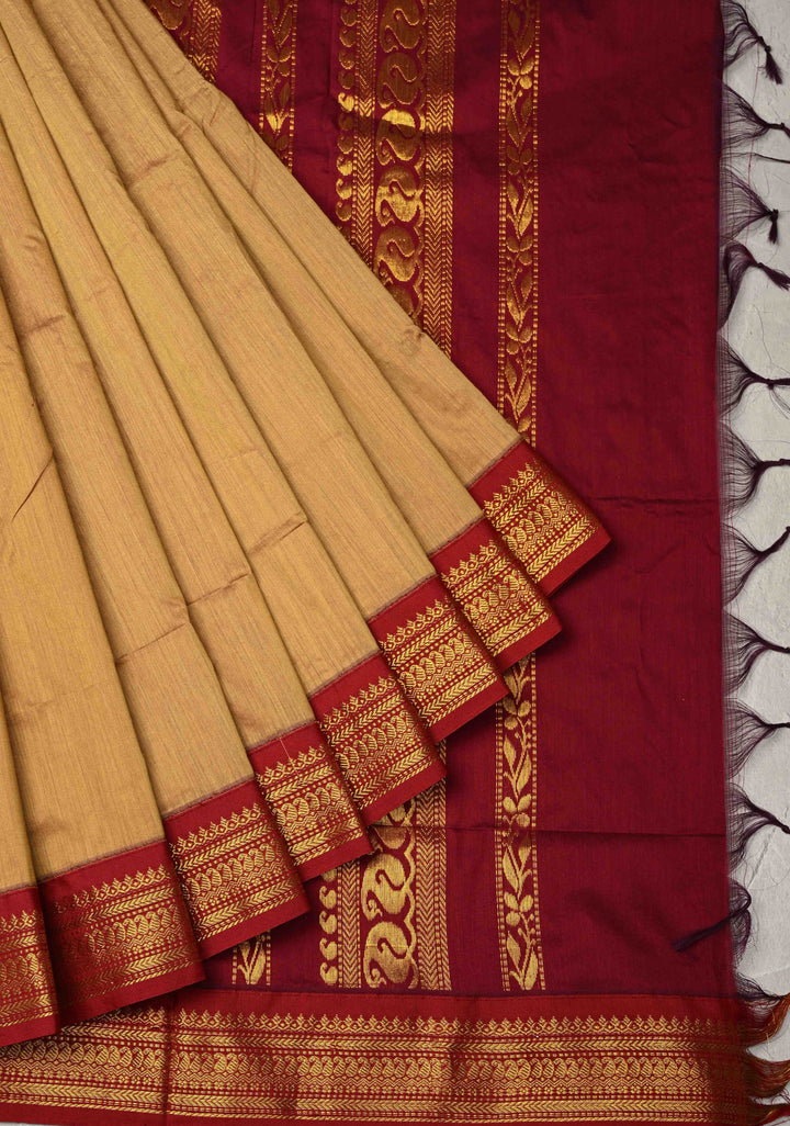 Camel Brown Venkatagiri Cotton Silk Saree with Contrast Zari Border