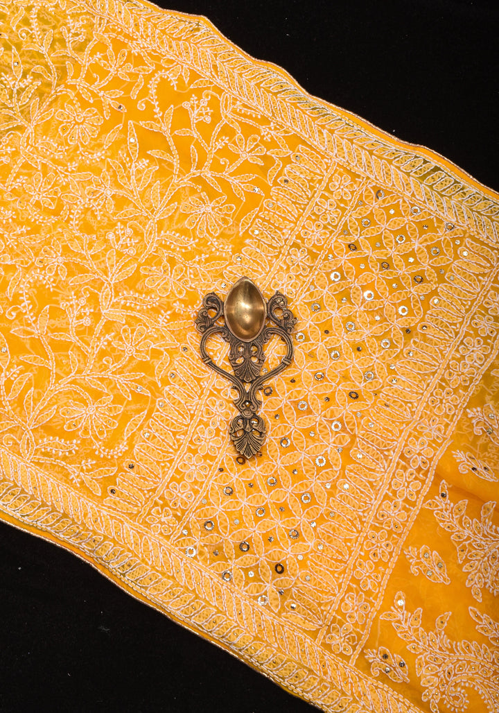 Authentic Hand Chikankari with Mukesh embellishments on Yellow Georgette Saree