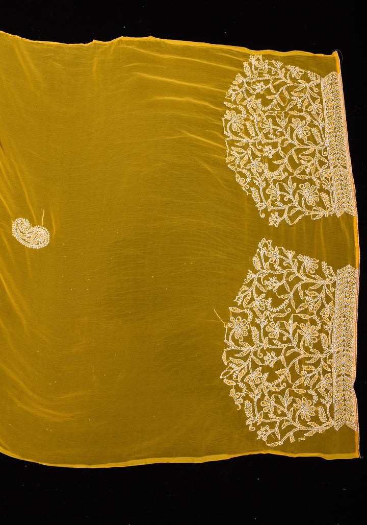 Authentic Hand Chikankari with Mukesh embellishments on Yellow Georgette Saree