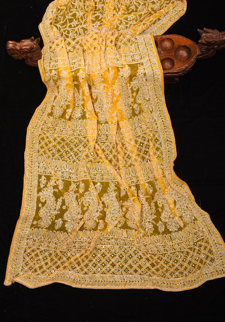 Authentic Hand Chikankari with Mukesh embellishments on Yellow Georgette Saree