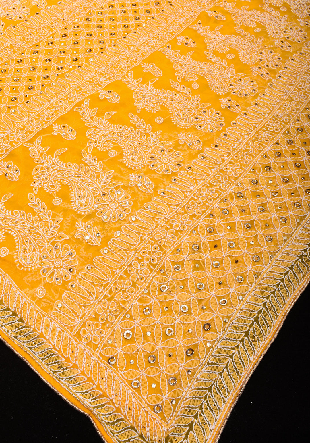 Authentic Hand Chikankari with Mukesh embellishments on Yellow Georgette Saree