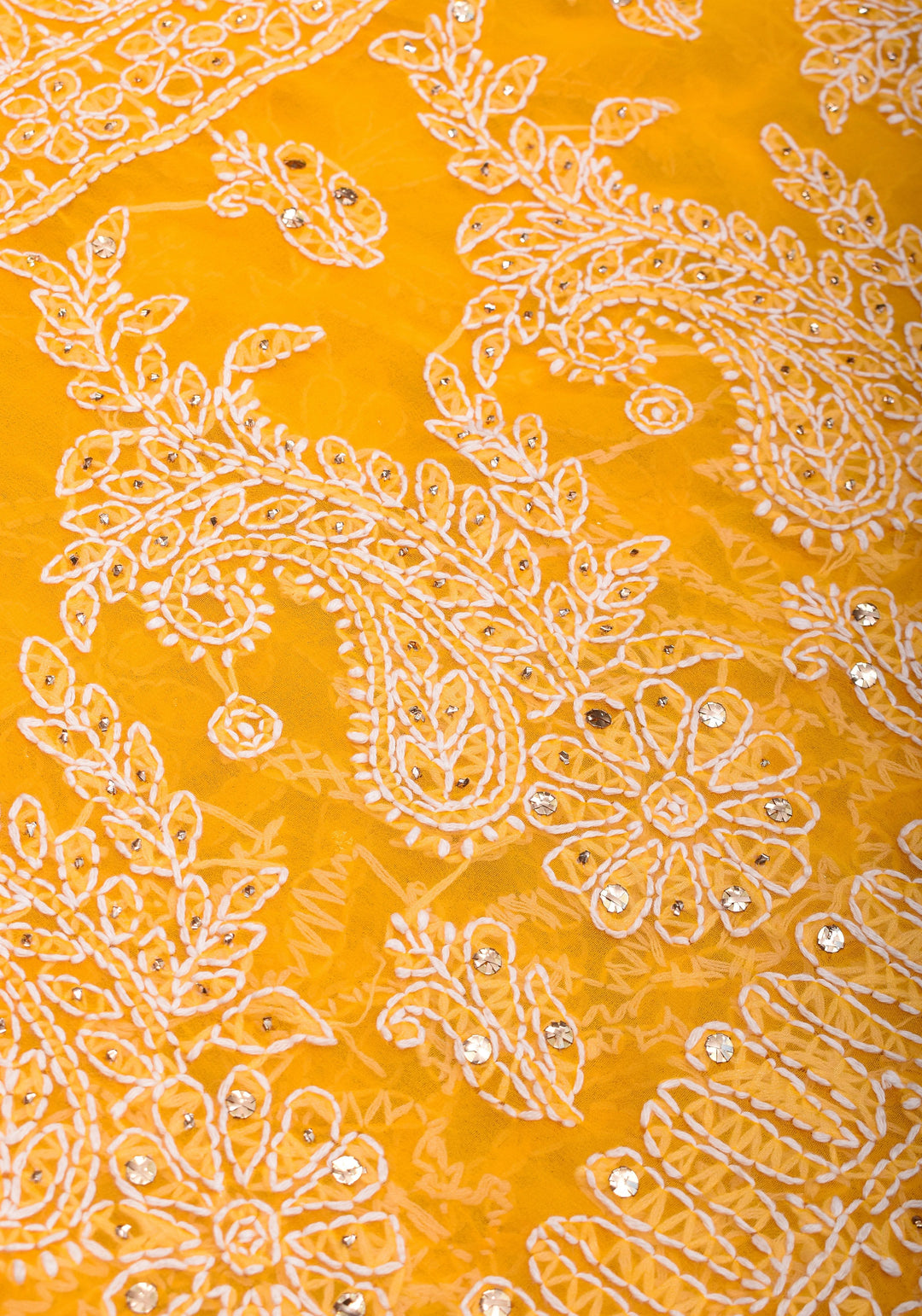 Authentic Hand Chikankari with Mukesh embellishments on Yellow Georgette Saree