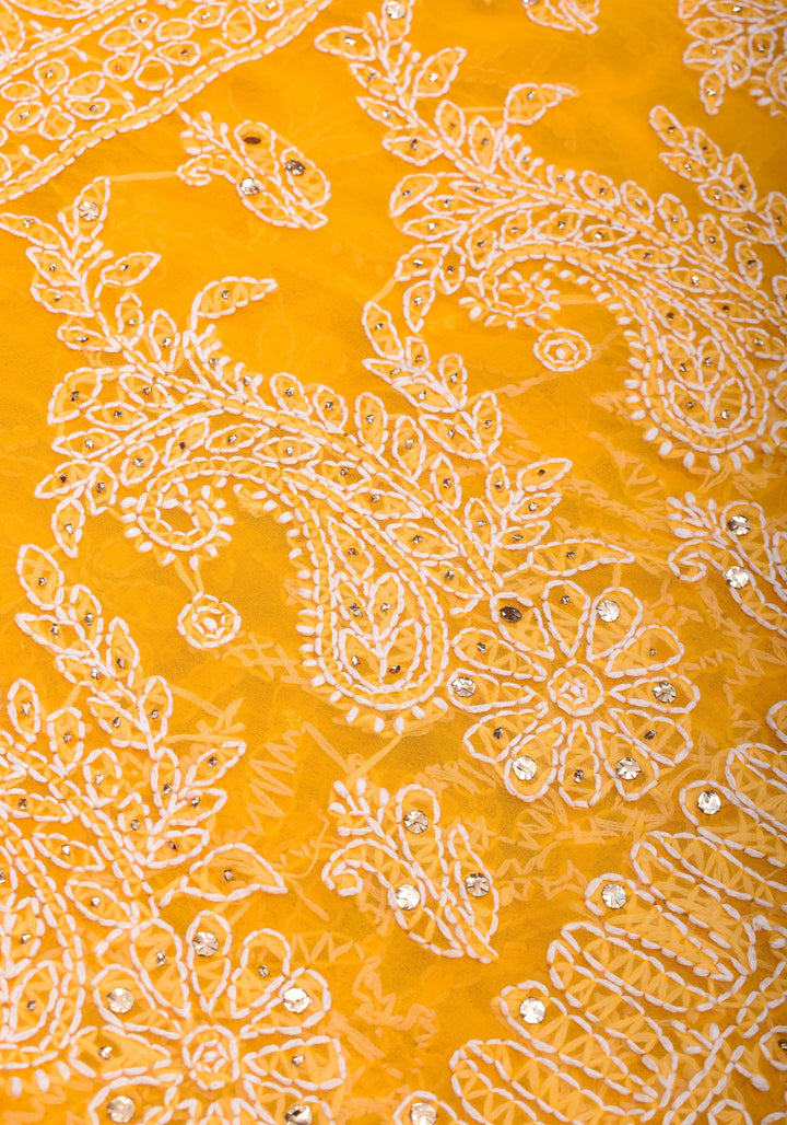 Authentic Hand Chikankari with Mukesh embellishments on Yellow Georgette Saree
