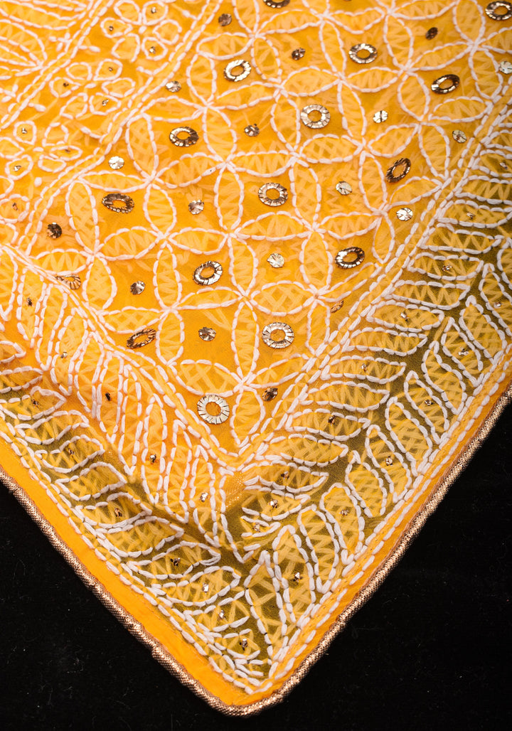 Authentic Hand Chikankari with Mukesh embellishments on Yellow Georgette Saree