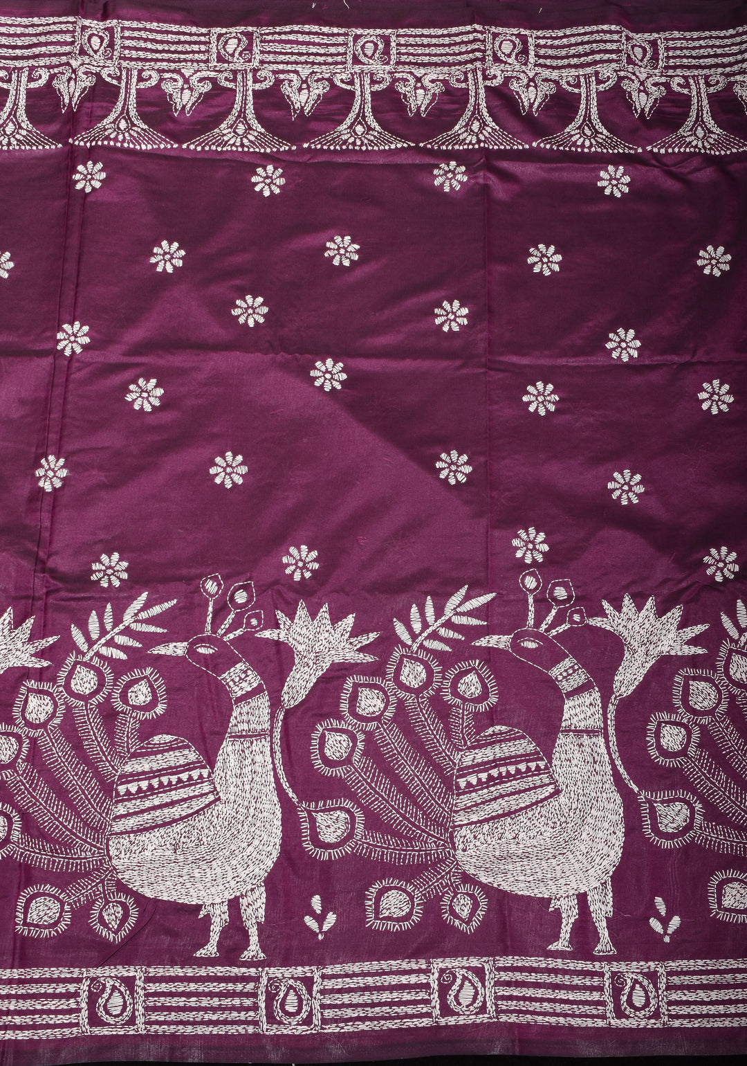 Peacocks and Bullocks - Authentic Hand Embroidery on Pansy Purple Art Silk Saree