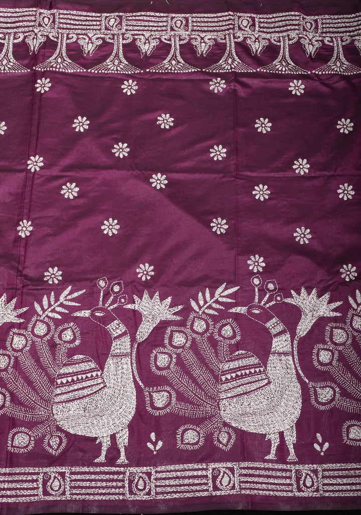 Peacocks and Bullocks - Authentic Hand Embroidery on Pansy Purple Art Silk Saree