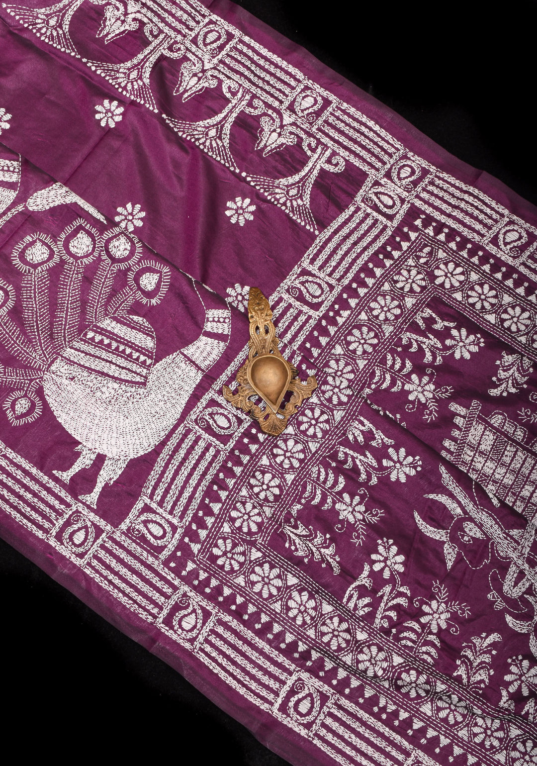 Peacocks and Bullocks - Authentic Hand Embroidery on Pansy Purple Art Silk Saree
