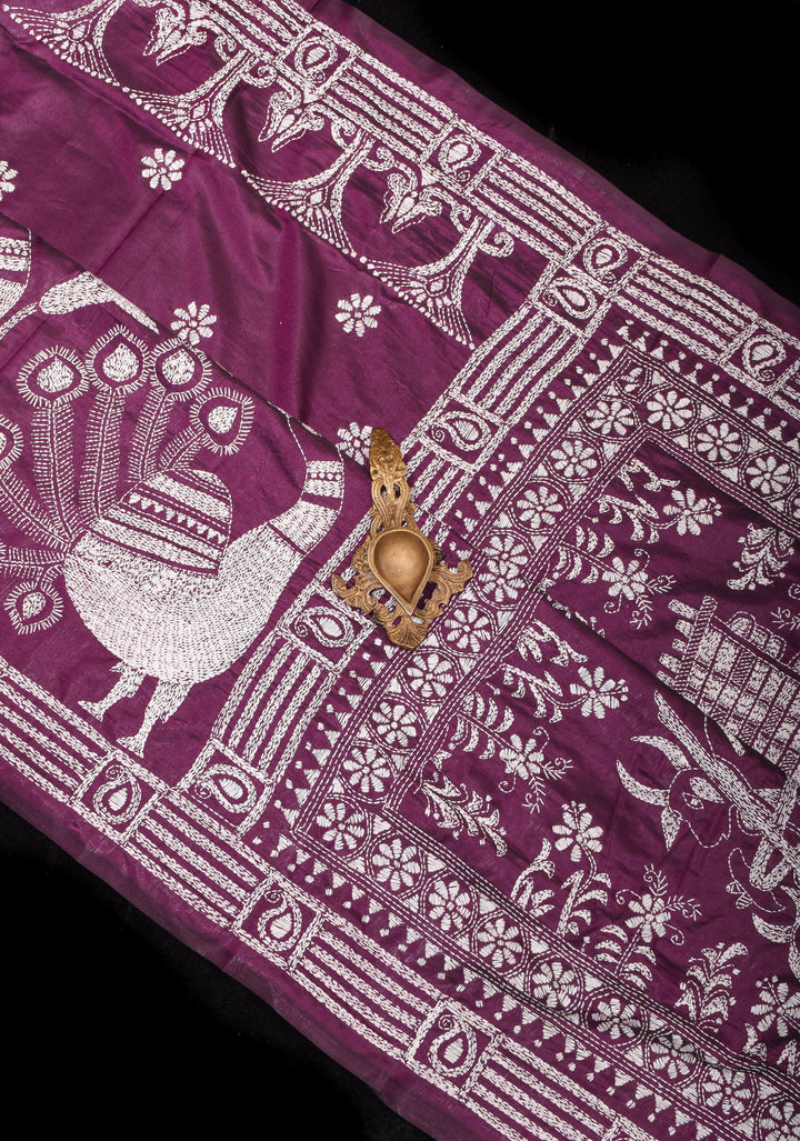 Peacocks and Bullocks - Authentic Hand Embroidery on Pansy Purple Art Silk Saree