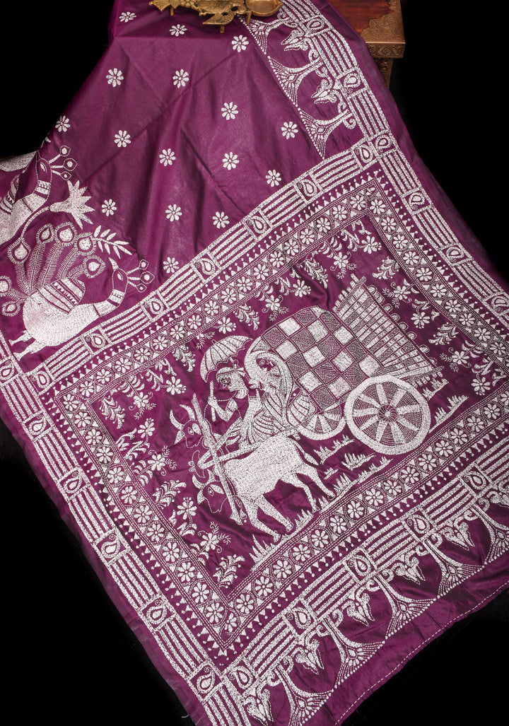 Peacocks and Bullocks - Authentic Hand Embroidery on Pansy Purple Art Silk Saree