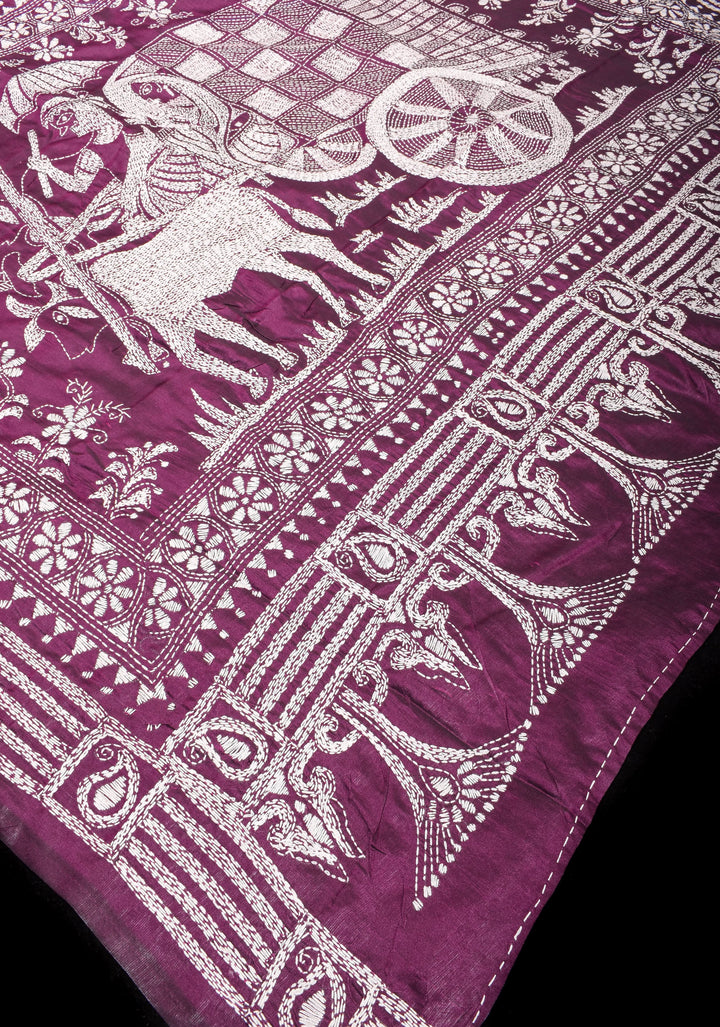 Peacocks and Bullocks - Authentic Hand Embroidery on Pansy Purple Art Silk Saree