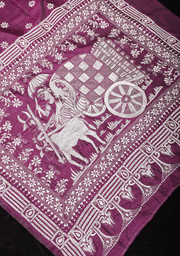 Peacocks and Bullocks - Authentic Hand Embroidery on Pansy Purple Art Silk Saree