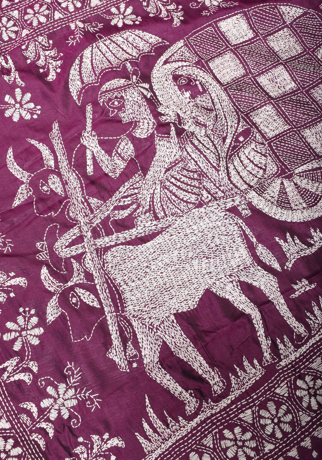 Peacocks and Bullocks - Authentic Hand Embroidery on Pansy Purple Art Silk Saree