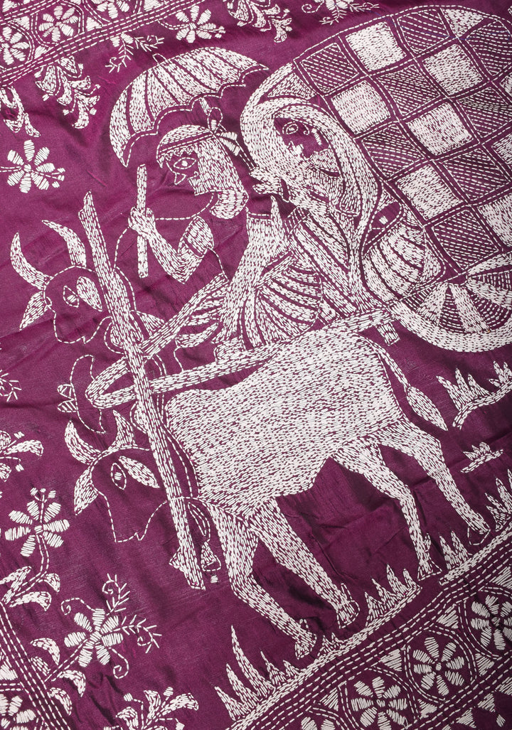 Peacocks and Bullocks - Authentic Hand Embroidery on Pansy Purple Art Silk Saree