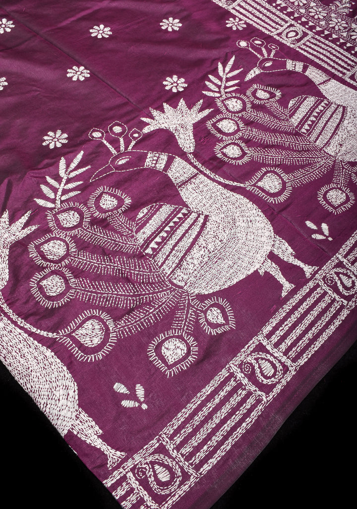Peacocks and Bullocks - Authentic Hand Embroidery on Pansy Purple Art Silk Saree