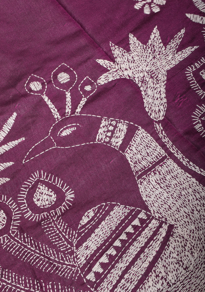Peacocks and Bullocks - Authentic Hand Embroidery on Pansy Purple Art Silk Saree
