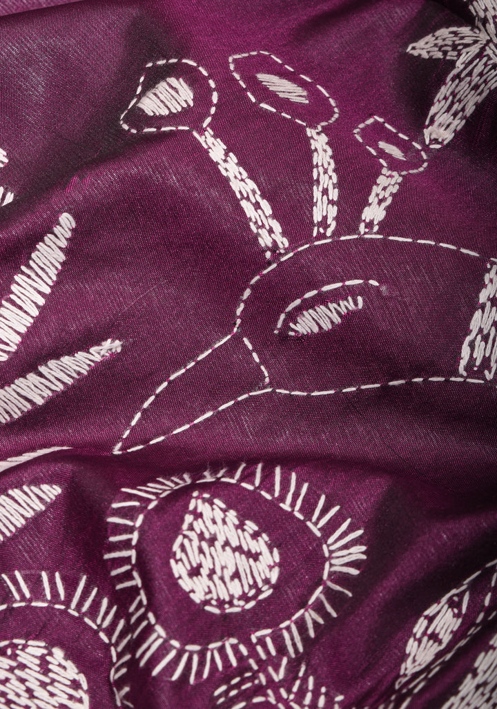 Peacocks and Bullocks - Authentic Hand Embroidery on Pansy Purple Art Silk Saree