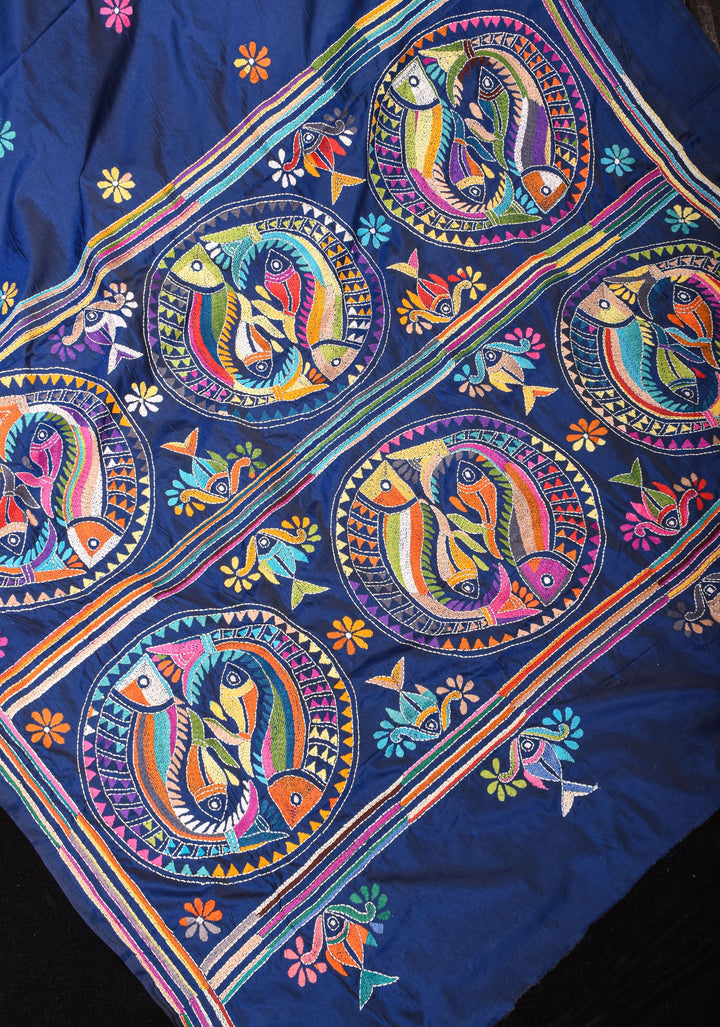 Matsya  - Authentic Hand Kantha Embroidery on Deep Blue Art Silk Saree