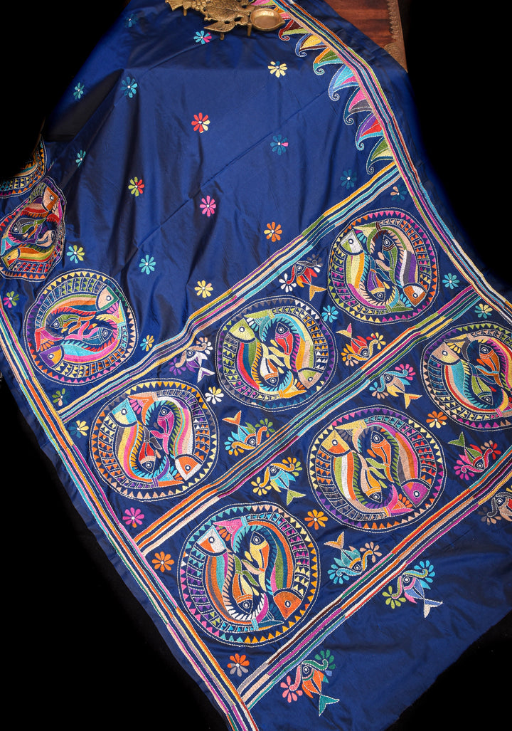 Matsya  - Authentic Hand Kantha Embroidery on Deep Blue Art Silk Saree