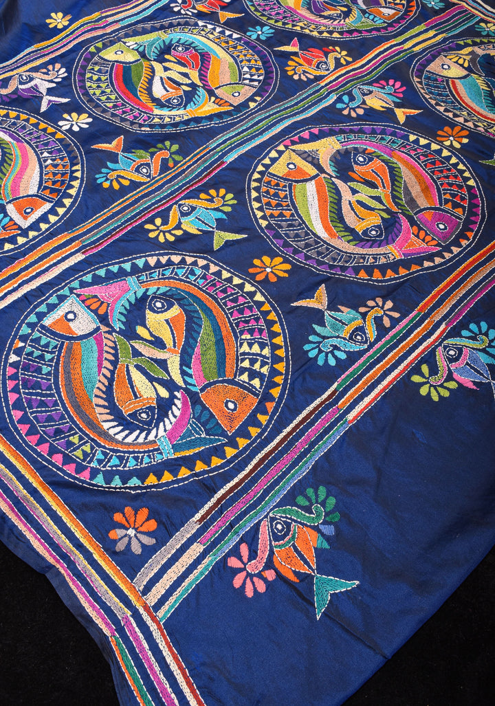 Matsya  - Authentic Hand Kantha Embroidery on Deep Blue Art Silk Saree