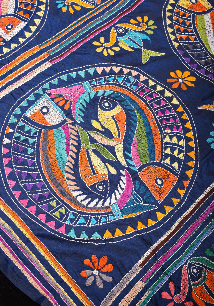 Matsya  - Authentic Hand Kantha Embroidery on Deep Blue Art Silk Saree