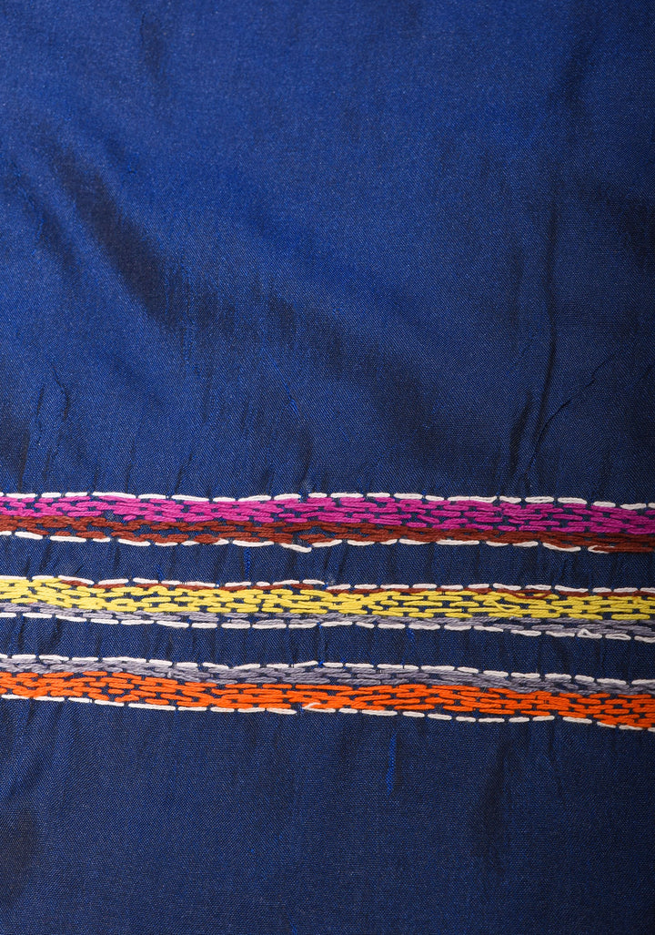 Matsya  - Authentic Hand Kantha Embroidery on Deep Blue Art Silk Saree
