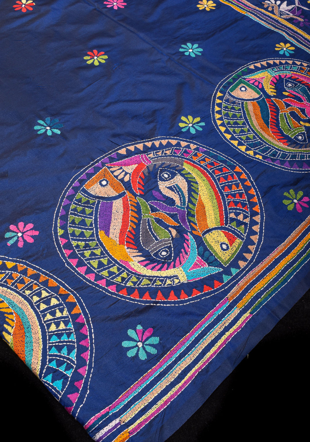 Matsya  - Authentic Hand Kantha Embroidery on Deep Blue Art Silk Saree