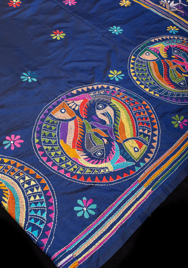 Matsya  - Authentic Hand Kantha Embroidery on Deep Blue Art Silk Saree