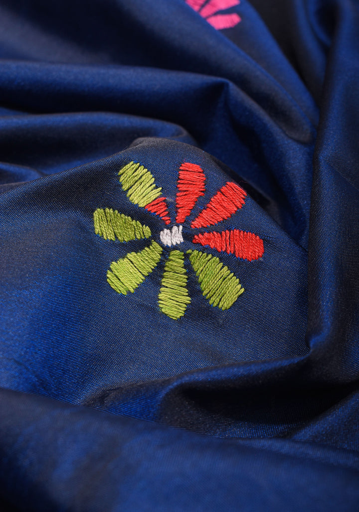 Matsya  - Authentic Hand Kantha Embroidery on Deep Blue Art Silk Saree