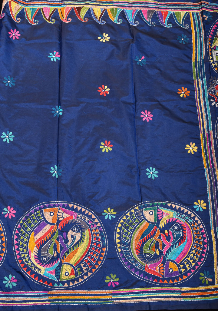 Matsya  - Authentic Hand Kantha Embroidery on Deep Blue Art Silk Saree