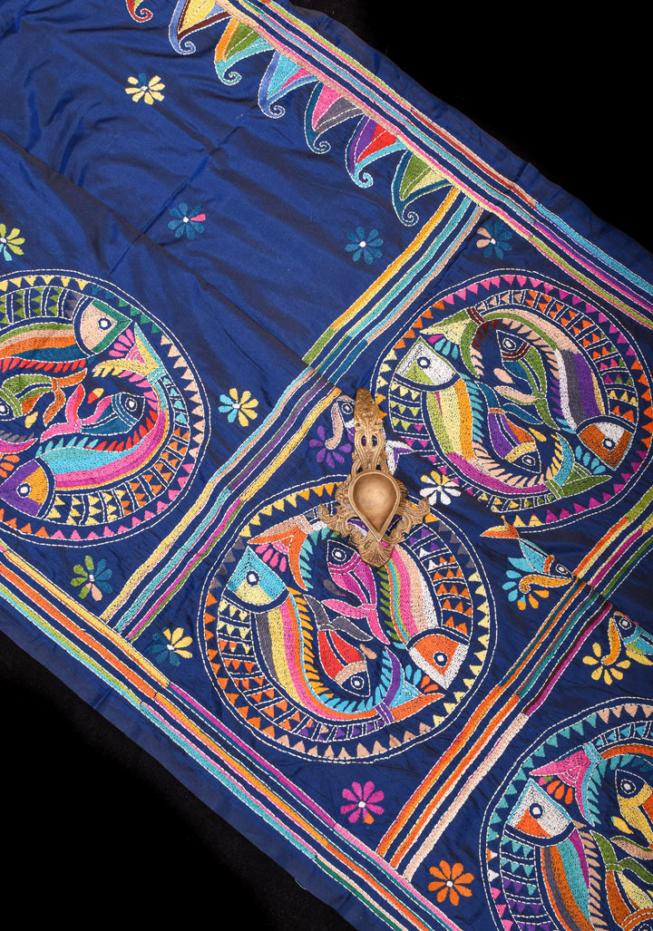 Matsya  - Authentic Hand Kantha Embroidery on Deep Blue Art Silk Saree