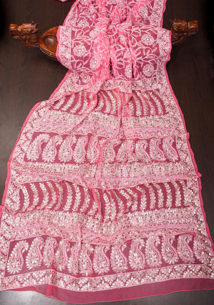 Full Jaal  Authentic Hand Chikankari with Gotta embellishments on Bright Pink Georgette Saree