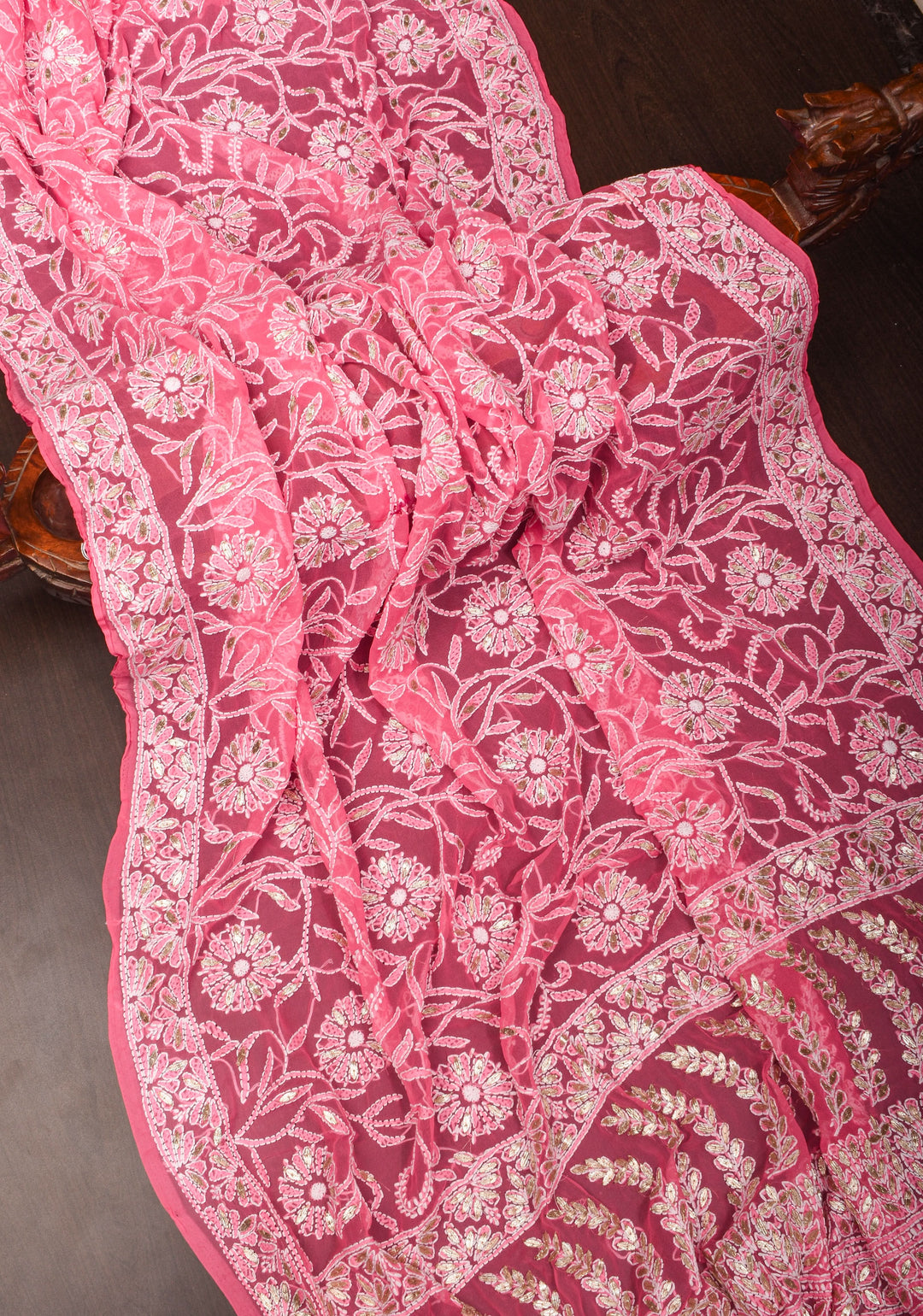 Full Jaal  Authentic Hand Chikankari with Gotta embellishments on Bright Pink Georgette Saree