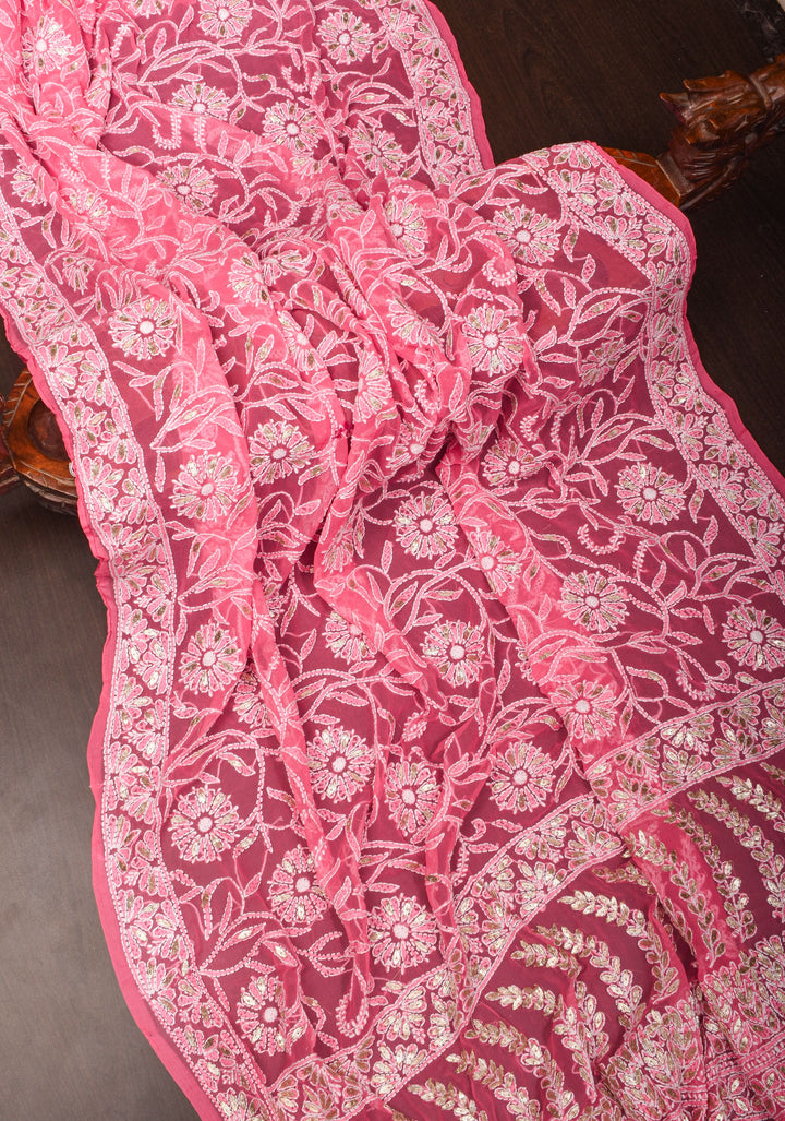 Full Jaal  Authentic Hand Chikankari with Gotta embellishments on Bright Pink Georgette Saree