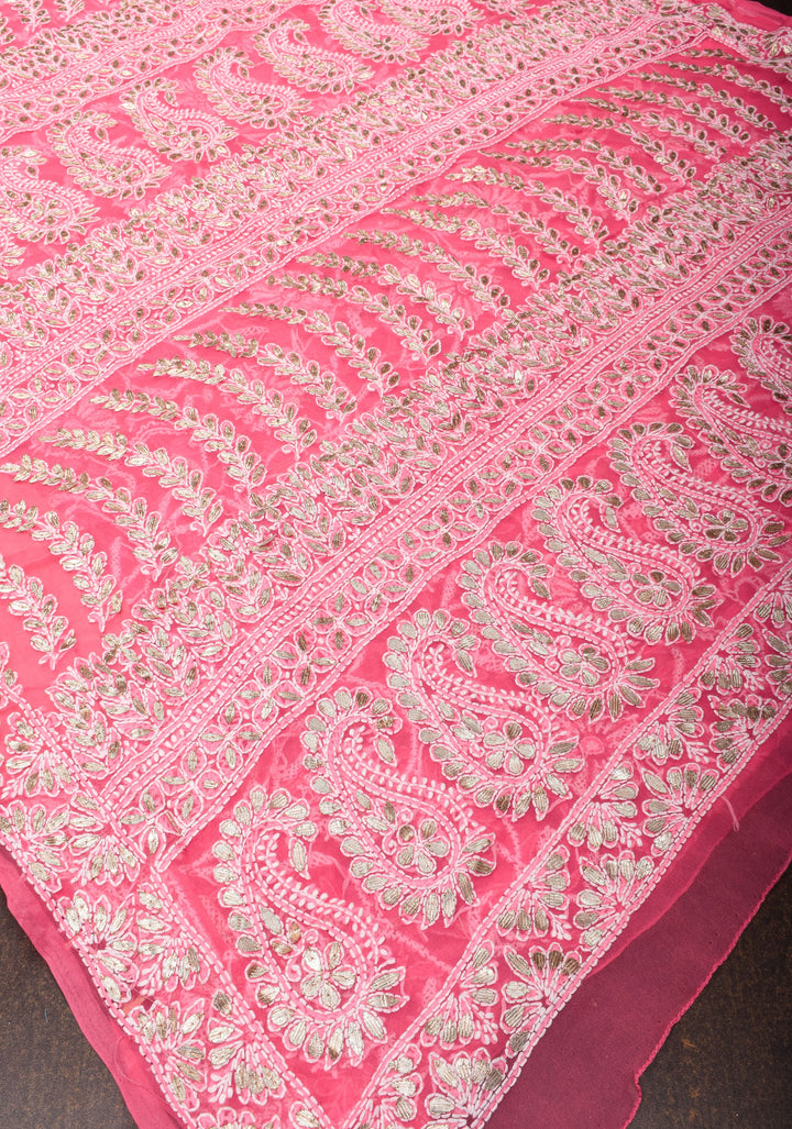 Full Jaal  Authentic Hand Chikankari with Gotta embellishments on Bright Pink Georgette Saree