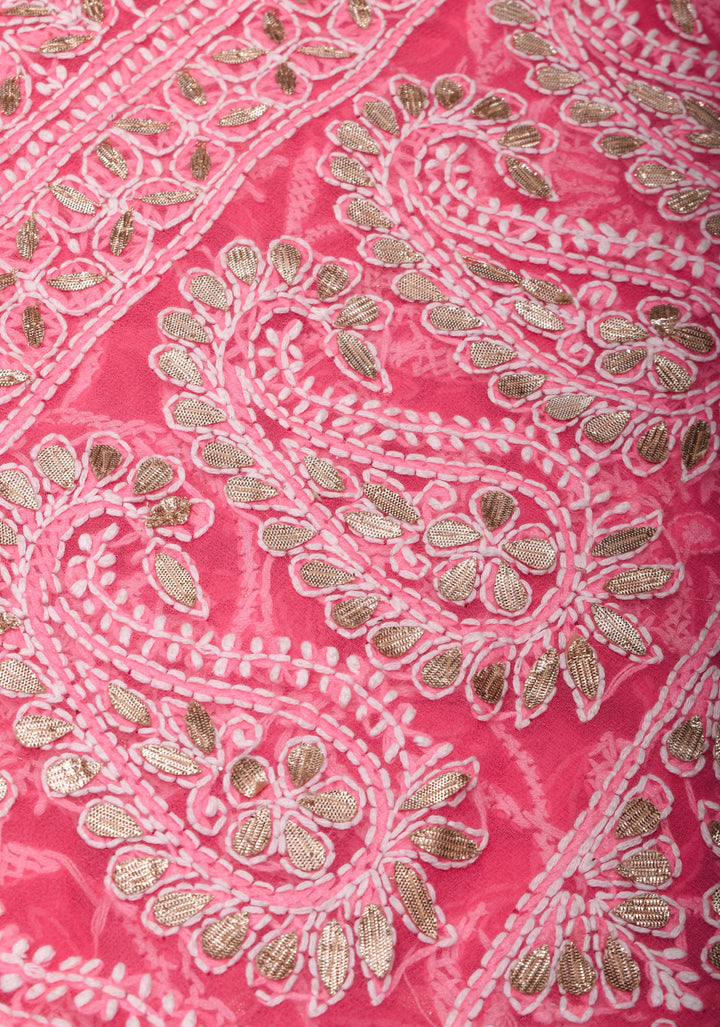 Full Jaal  Authentic Hand Chikankari with Gotta embellishments on Bright Pink Georgette Saree