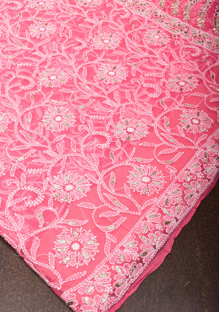 Full Jaal  Authentic Hand Chikankari with Gotta embellishments on Bright Pink Georgette Saree