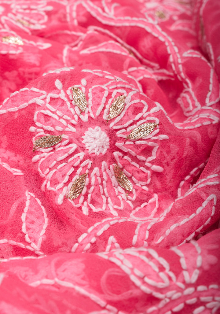 Full Jaal  Authentic Hand Chikankari with Gotta embellishments on Bright Pink Georgette Saree