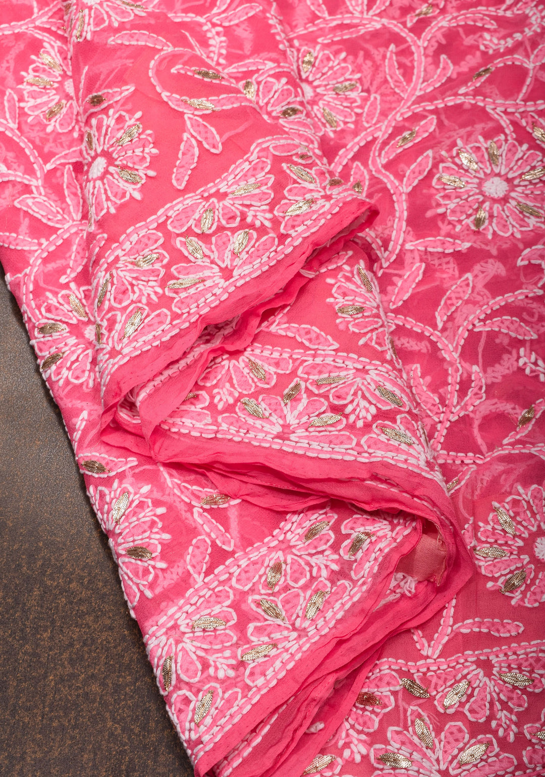 Full Jaal  Authentic Hand Chikankari with Gotta embellishments on Bright Pink Georgette Saree