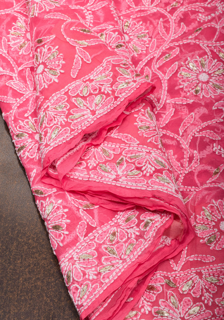 Full Jaal  Authentic Hand Chikankari with Gotta embellishments on Bright Pink Georgette Saree